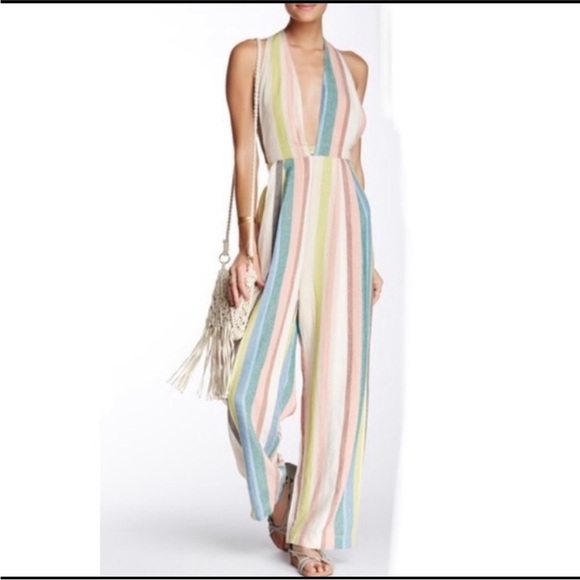 Free People Linen Wide Leg‎ Jumpsuit Size 6 Striped Boho Vacation Beach - Picture 1 of 7